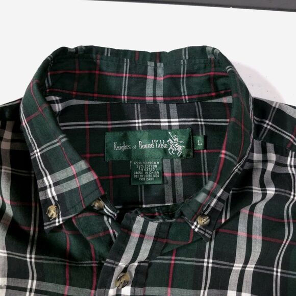Button Long Sleeve Collared Shirt Mens Lg Green Plaid Holiday Lightweight Logo - Picture 3 of 16